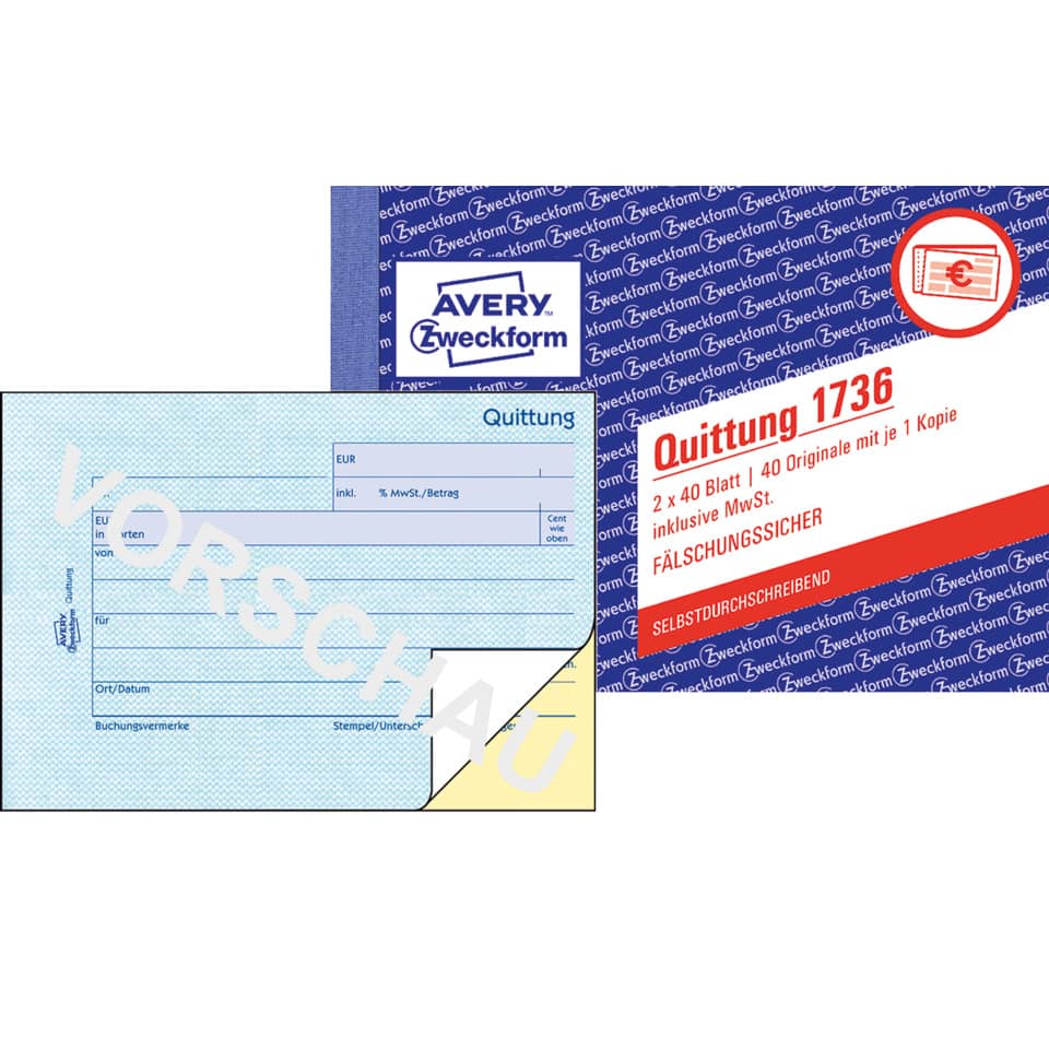 Quittung inkl. MwSt., A6 quer, selbstdurchschreibend, 2x40 Blatt AVERY ZWECKFORM 1736 ZWECKFORM 1736 o,Mwst,Nachw,