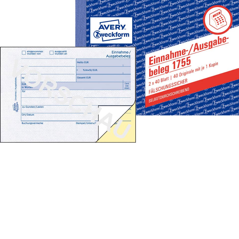 Einnahme-/Ausgabebeleg, A6 quer, selbstdurchschreibend, 2x40 Blatt AVERY ZWECKFORM 1755 ZWECKFORM 1755  2x40Blatt