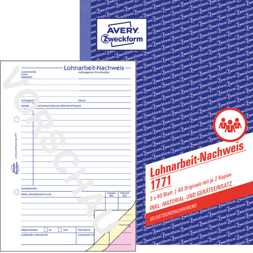 Lohnarbeit-Nachweis, A5, selbstdurchschreibend, 3x40 Blatt AVERY ZWECKFORM 1771 ZWECKFORM 1771 SD A5 3x40BL