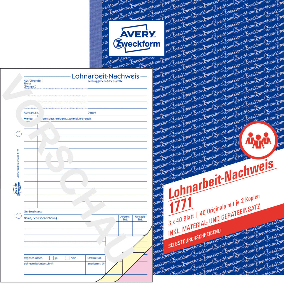 Lohnarbeit-Nachweis, A5, selbstdurchschreibend, 3x40 Blatt AVERY ZWECKFORM 1771 ZWECKFORM 1771 SD A5 3x40BL