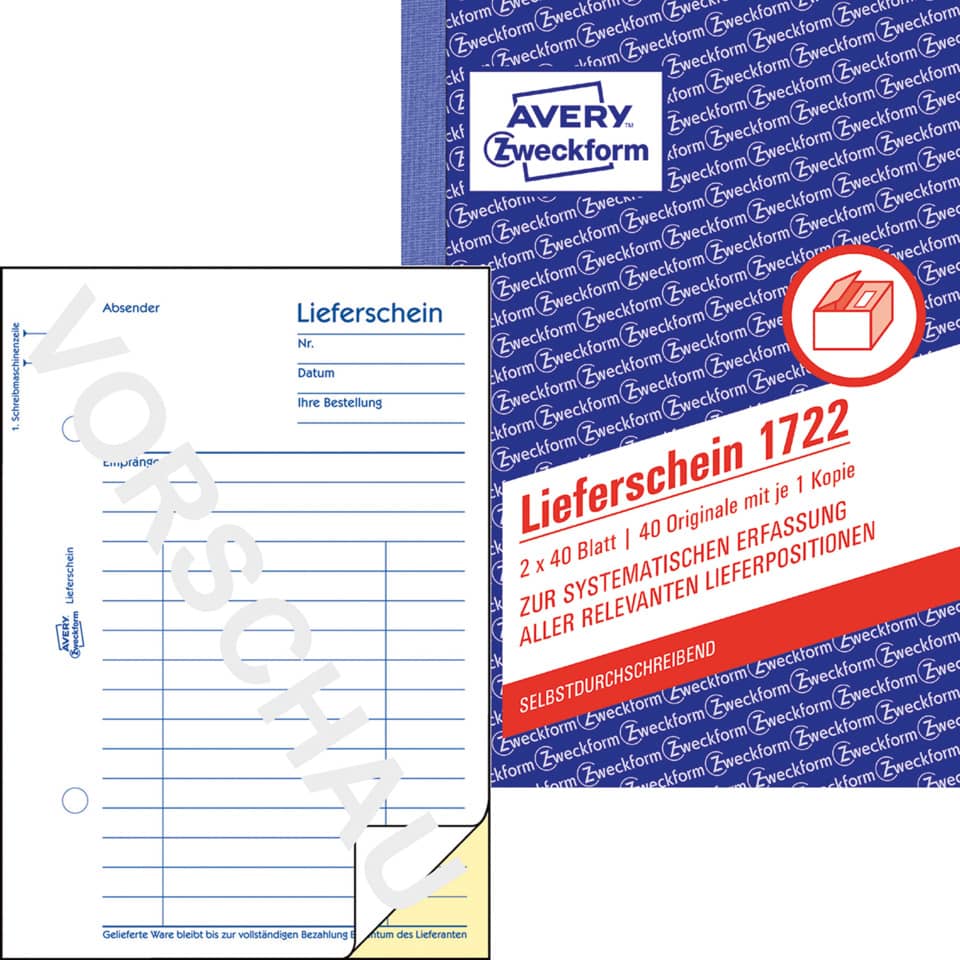 Lieferscheinbuch, A6, selbstdurchschreibend, 2x40 Blatt AVERY ZWECKFORM 1722