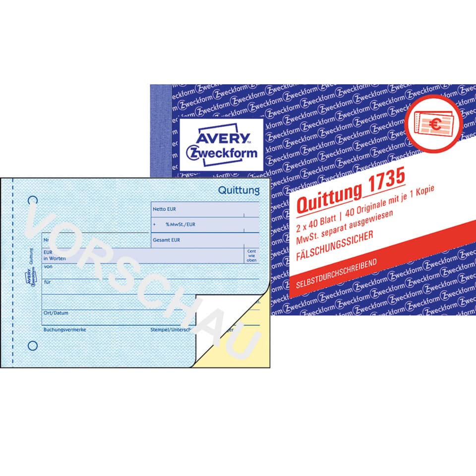 Quittung MwSt. separat ausgewiesen, A6 quer, selbstdurchschreibend, 2x40 Blatt AVERY ZWECKFORM 1735 ZWECKFORM 1735 m,Mwst Nachw,