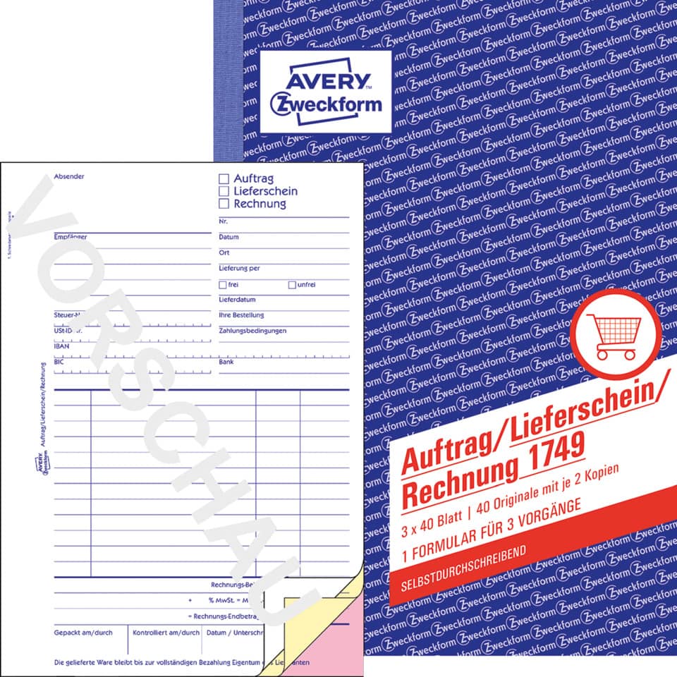 Auftrag/Lieferschein/Rechnung, A5, selbstdurchschreibend, 3x40 Blatt AVERY ZWECKFORM 1749 ZWECKFORM 1749 Rechn,Auftr,Lief,