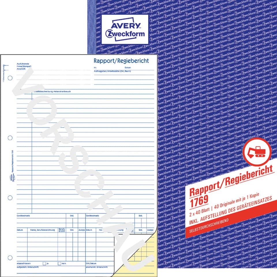 Rapport/Regiebericht, A4, selbstdurchschreibend, 2x40 Blatt AVERY ZWECKFORM 1769 ZWECKFORM 1769 Rapport Regieb,