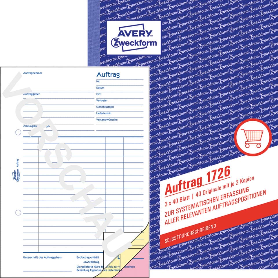 Auftrag, A5, selbstdurchschreibend, 3x40 Blatt AVERY ZWECKFORM 1726
