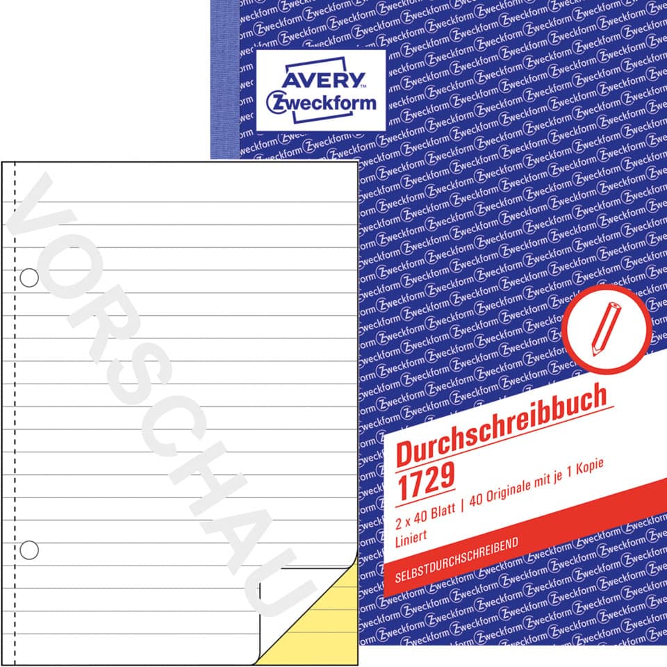 Durchschreibbuch, A5, selbstdurchschreibend, 2x40 Blatt, liniert AVERY ZWECKFORM 1729