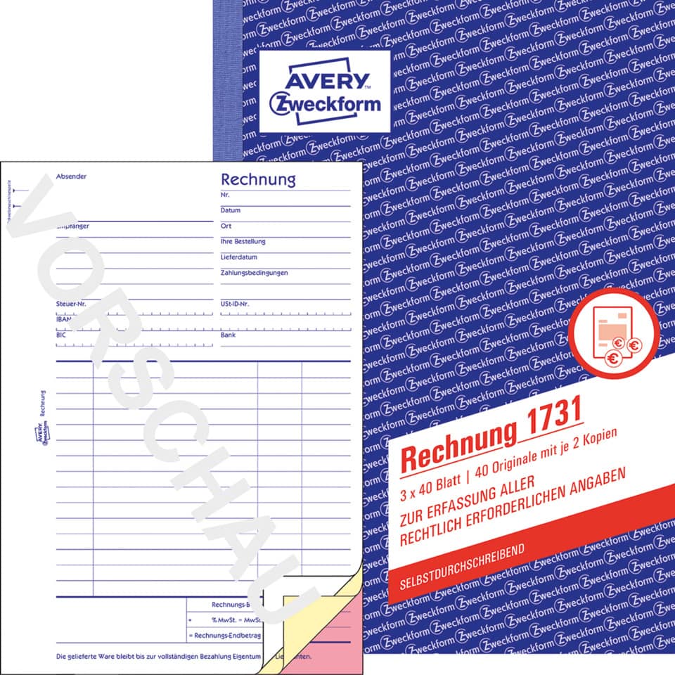 Rechnung, A5, selbstdurchschreibend, 3x40 Blatt AVERY ZWECKFORM 1731
