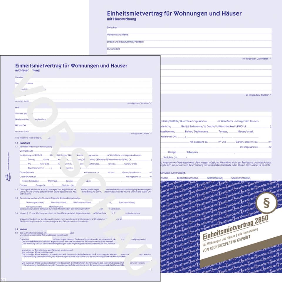 Einheitsmietvertrag für Wohnungen und Häuser, A4, mit Hausordnung, 6-seitig AVERY ZWECKFORM 2850 ZWECKFORM 2850 6seitig