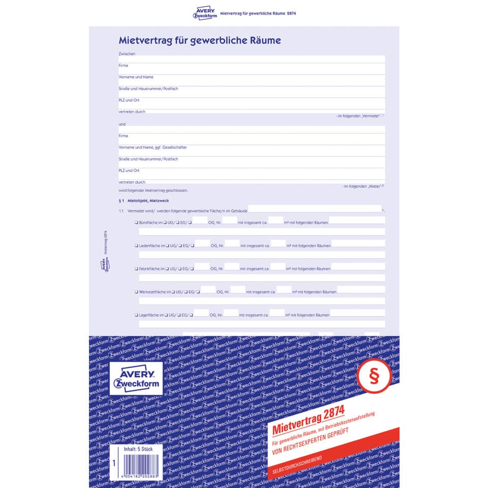Mietvertrag für gewerbliche Räume, A4, 6-seitig, mit Durchschlag AVERY ZWECKFORM 2874 ZWECKFORM 2874 6seitig sd
