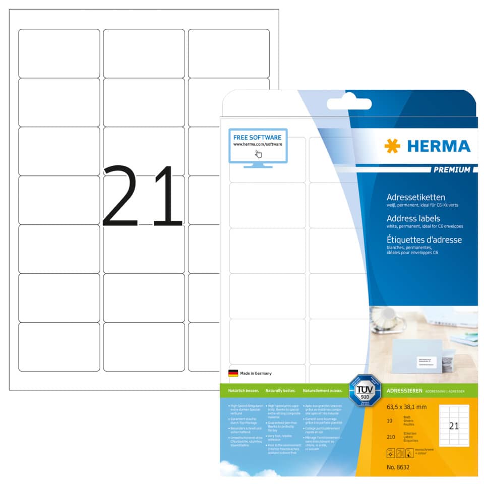 Etiketten Premium permanent, 63,5x38,1mm, 210 Stück, weiß HERMA 8632 HERMA 8632  210 St. permanent haftend