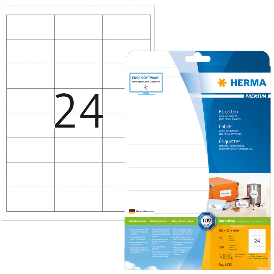 Etiketten Premium permanent, 66x33,8mm, 240 Stück, weiß HERMA 8633 HERMA 8633  240 St. permanent haftend