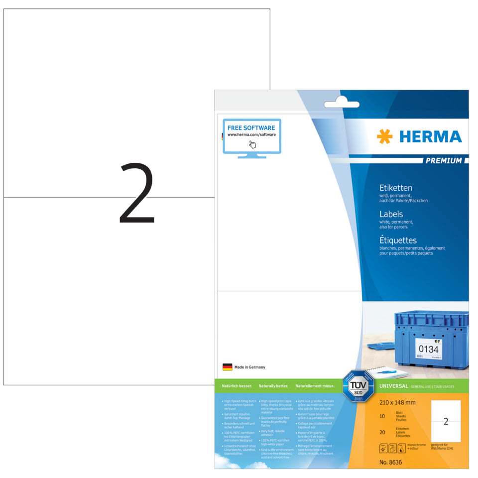 Etiketten Premium permanent, 210x148mm, 20 Stück, weiß HERMA 8636 HERMA 8636  20 Stück permanent haftend