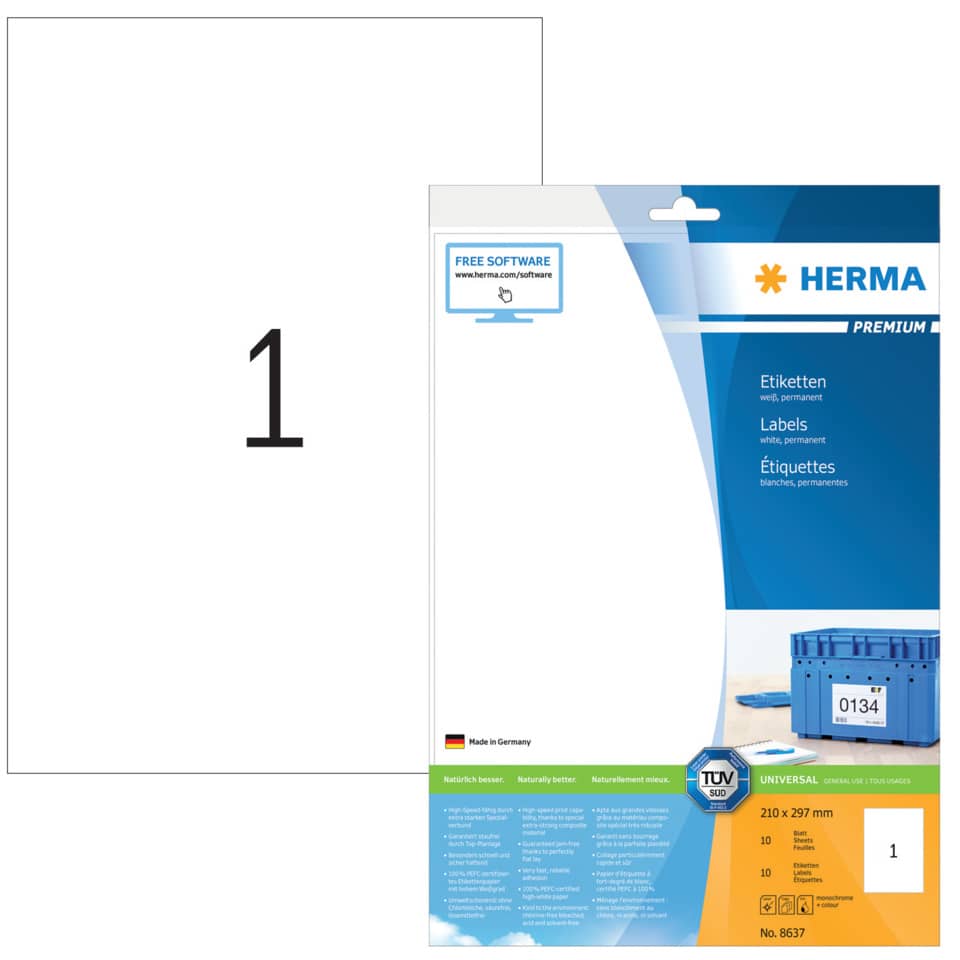 Etiketten Premium permanent, 210x297mm, 10 Stück, weiß HERMA 8637 HERMA 8637  10 St. permanent haftend