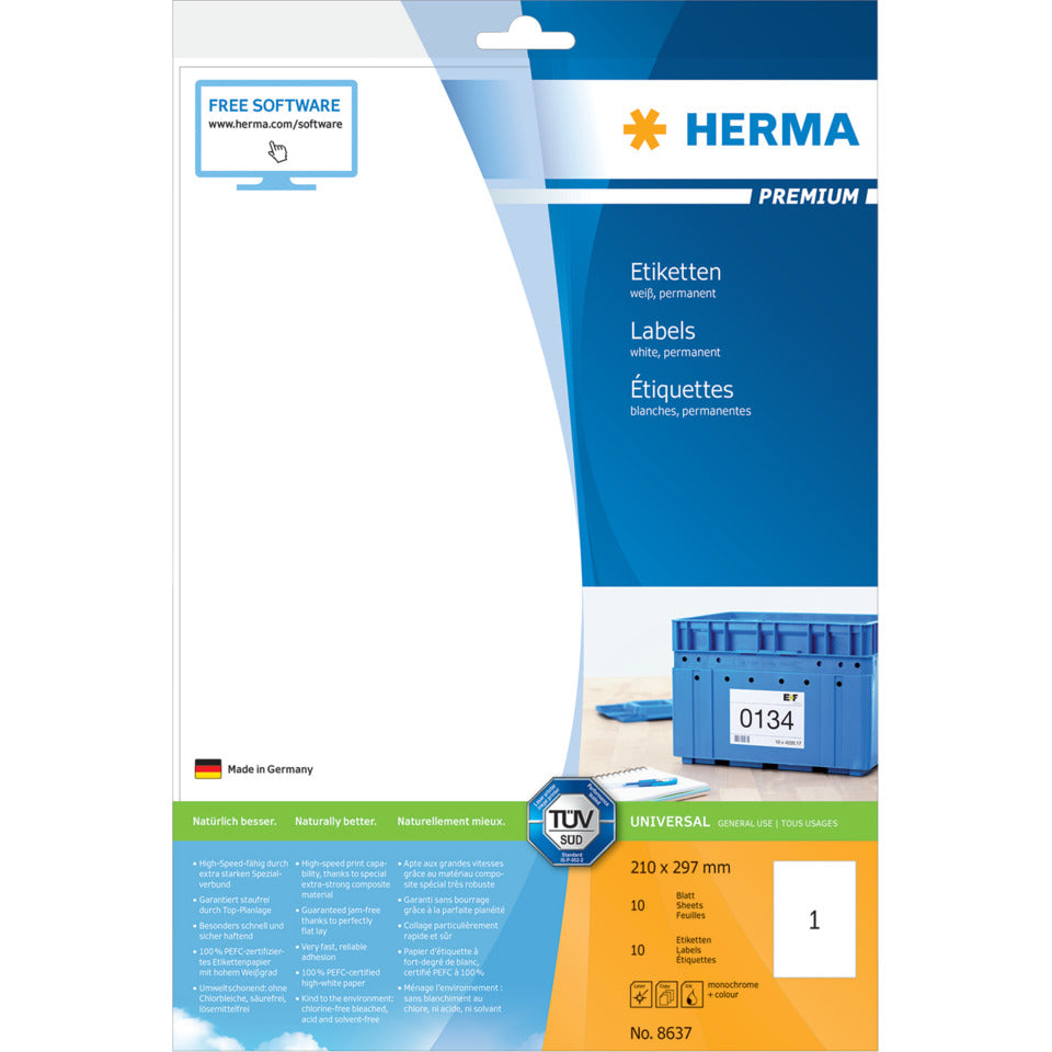 Etiketten Premium permanent, 210x297mm, 10 Stück, weiß HERMA 8637 HERMA 8637  10 St. permanent haftend