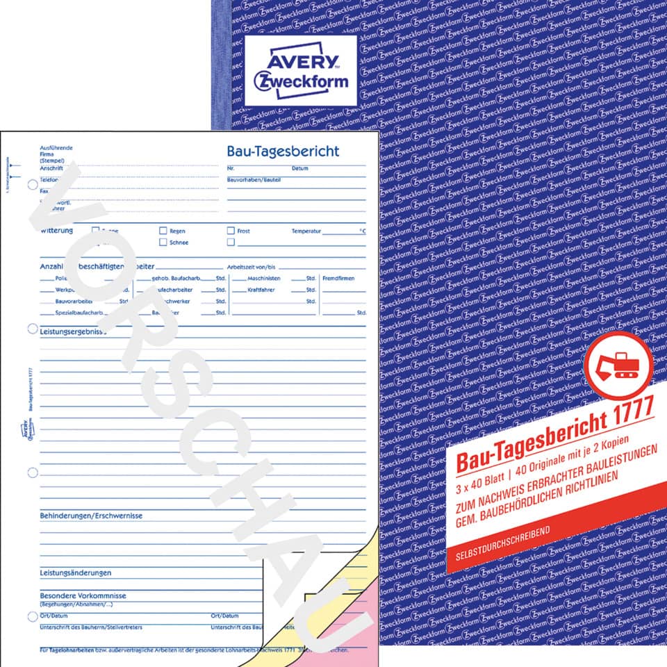 Bau-Tagesbericht, A4, selbstdurchschreibend, 3x40 Blatt AVERY ZWECKFORM 1777