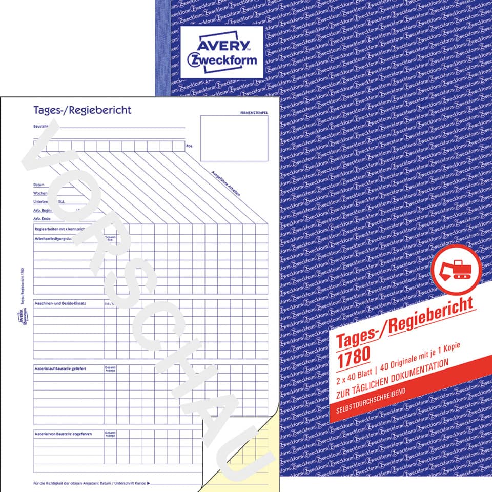 Tages-/Regiebericht, A4, selbstdurchschreibend, 2x40 Blatt AVERY ZWECKFORM 1780 ZWECKFORM 1780 2x40Bl