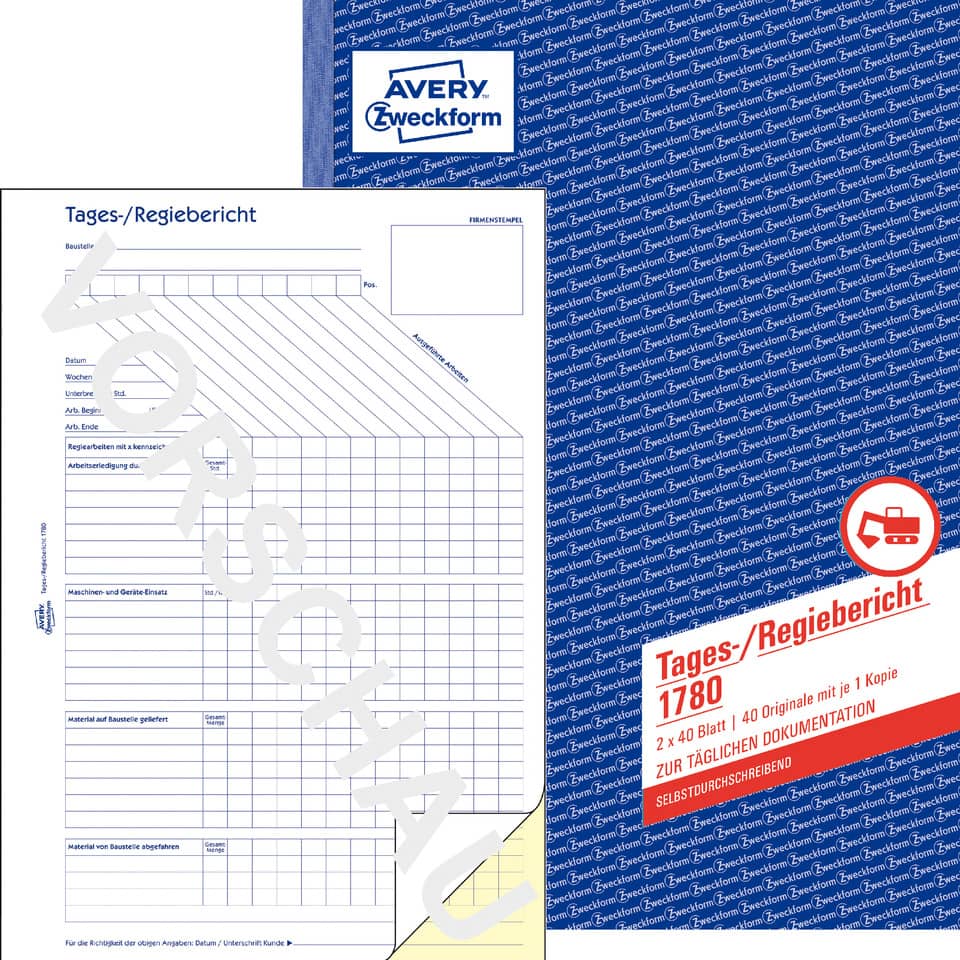 Tages-/Regiebericht, A4, selbstdurchschreibend, 2x40 Blatt AVERY ZWECKFORM 1780 ZWECKFORM 1780 2x40Bl