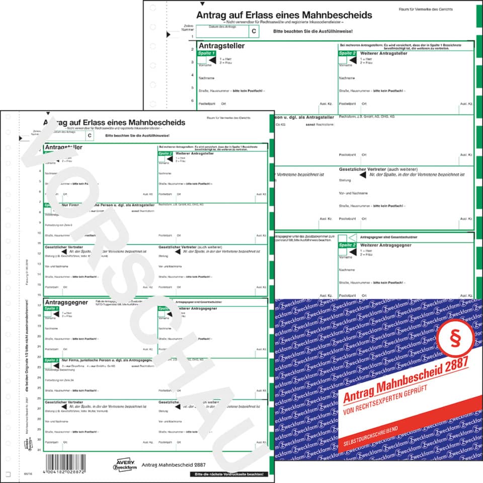 Mahnbescheid für maschinelles Mahnverfahren, A4, selbstdurchschreibend, 1 Satz AVERY ZWECKFORM 2887 ZWECKFORM 2887 Maschinell