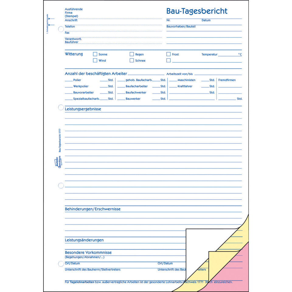 Bau-Tagesbericht, A4, selbstdurchschreibend, 3x40 Blatt AVERY ZWECKFORM 1777