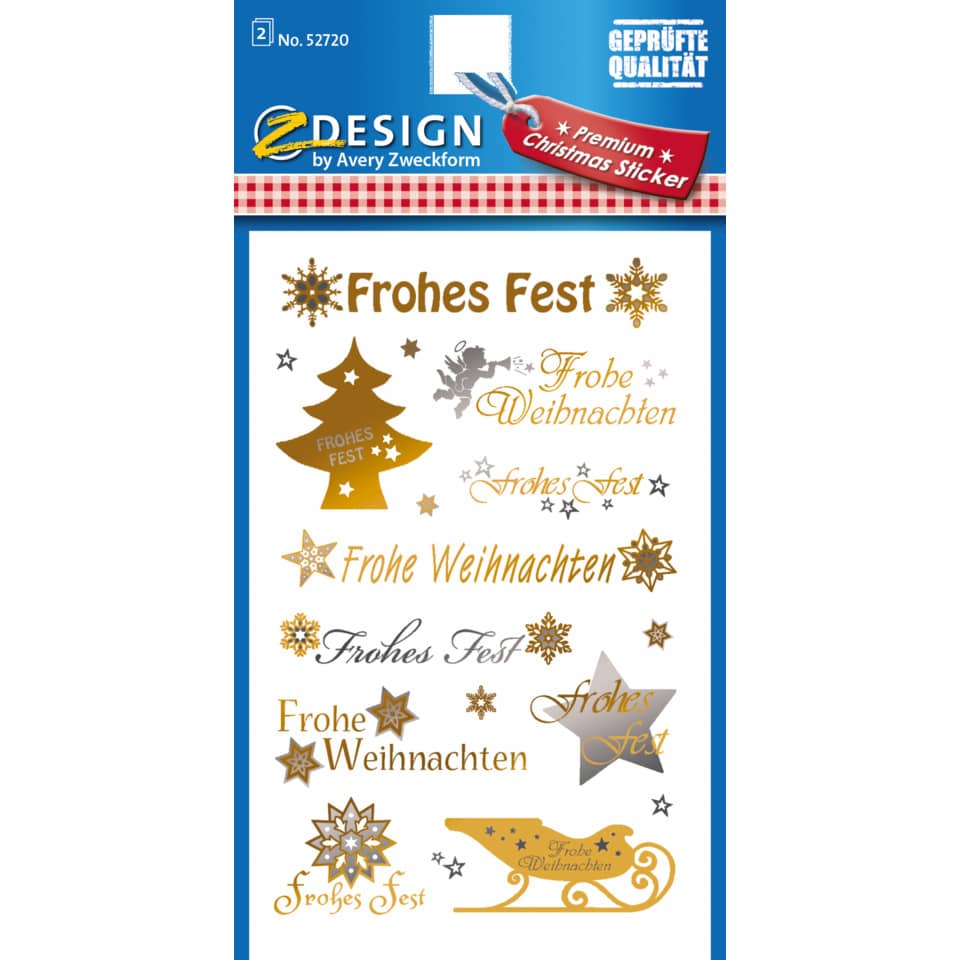 Weihnachtssticker Frohe Weihnachten, 20 Stück, gold/silber AVERY ZWECKFORM 52720 ZWECKFORM 52720 Schrift transp