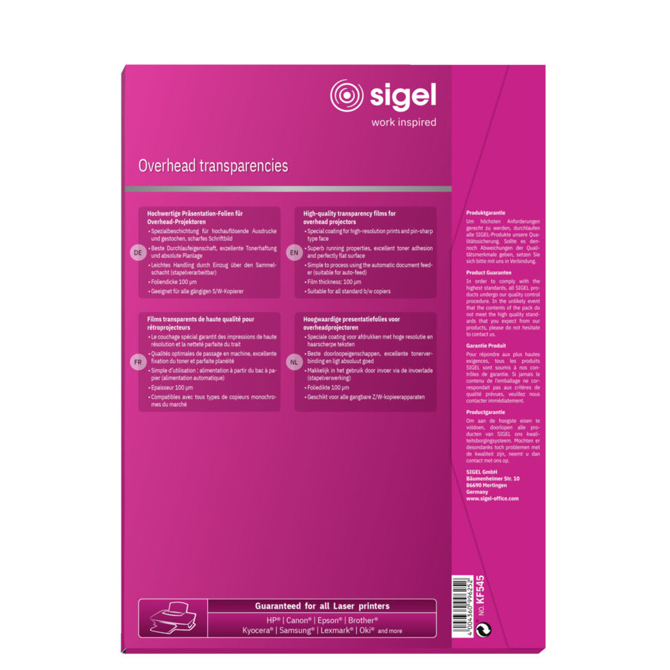 Kopierfolie S/W A4 transparent, stapelverarbeitbar, 100µm, 100 Blatt SIGEL KF545 SIGEL KF545 100BL