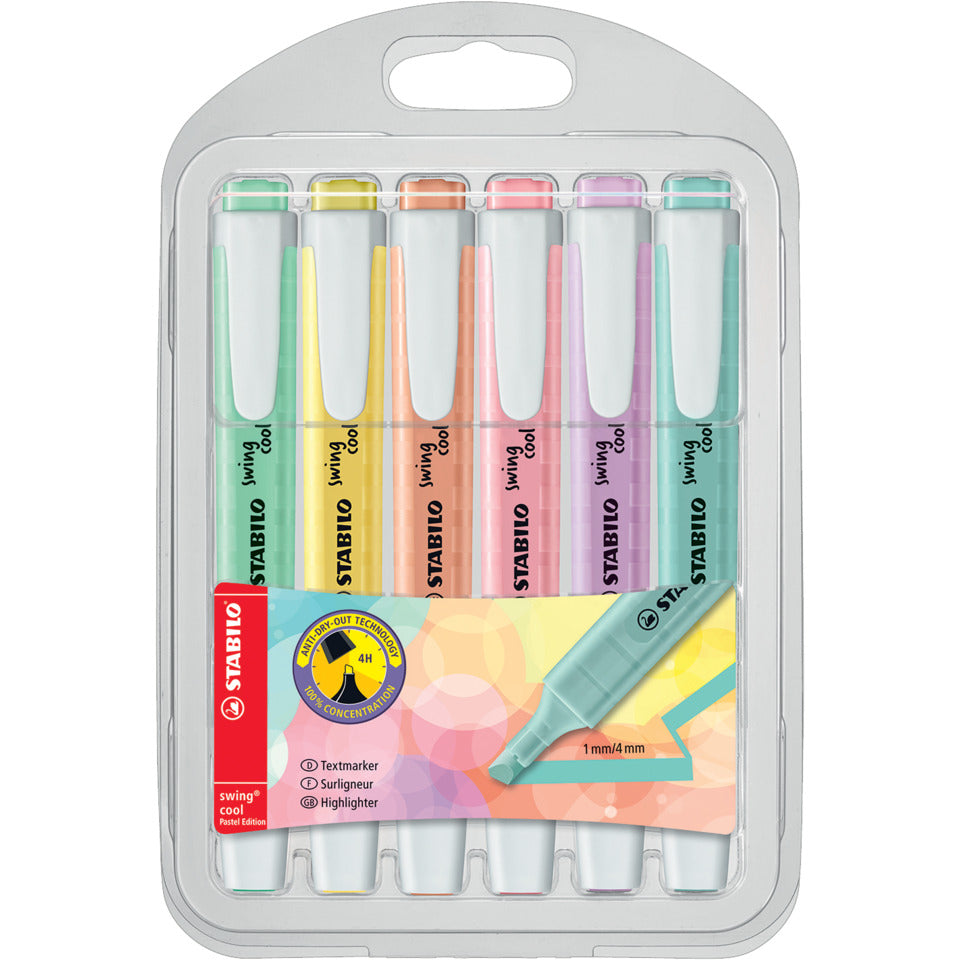 Textmarker swing® cool Pastel, 1-4mm, Etui mit 6 Stiften STABILO 275/6-08 STABILO 275/6-08 Swing Cool Pastel