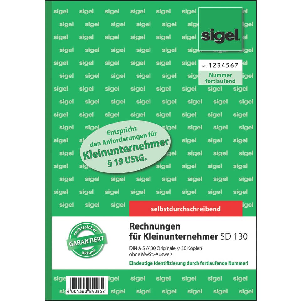 Rechnung für Kleinunternehmer ohne MwSt.-Ausweis, A5, 2x30 Blatt SIGEL SD130 SIGEL SD130 f.Kleinunternehmer