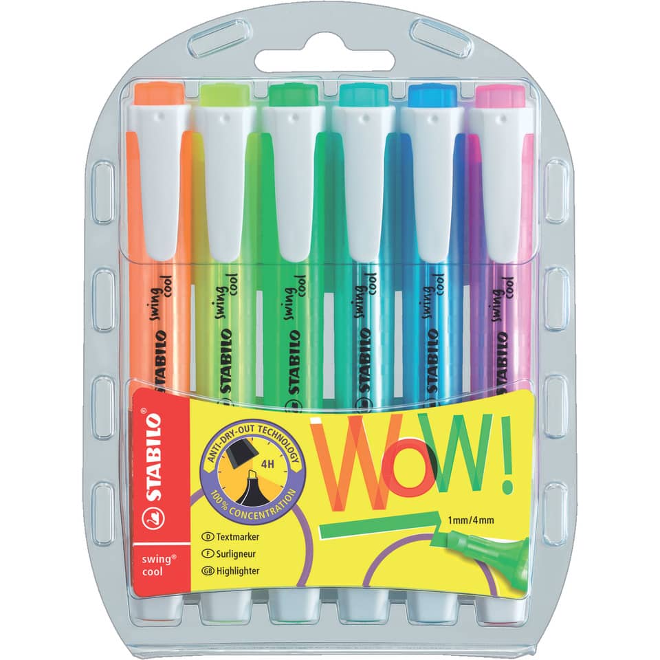 Textmarker swing® cool, Kunststoffetui mit 6 Stiften, sortiert STABILO 275/6-3 STABILO 275/6-3 Swing Cool