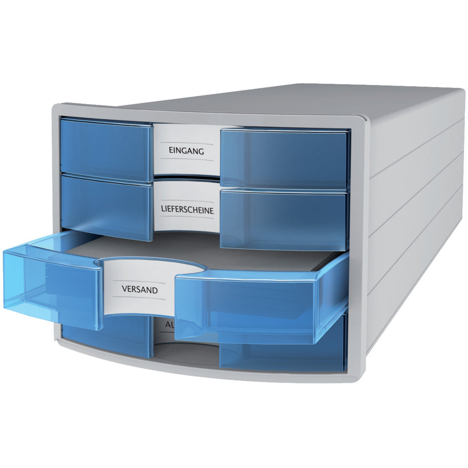 Schubladenbox IMPULS, A4/C4, 4 geschlossene Schubladen, lichtgrau/transl.-blau HAN 1012-64D HAN 1012-64 geschlossen