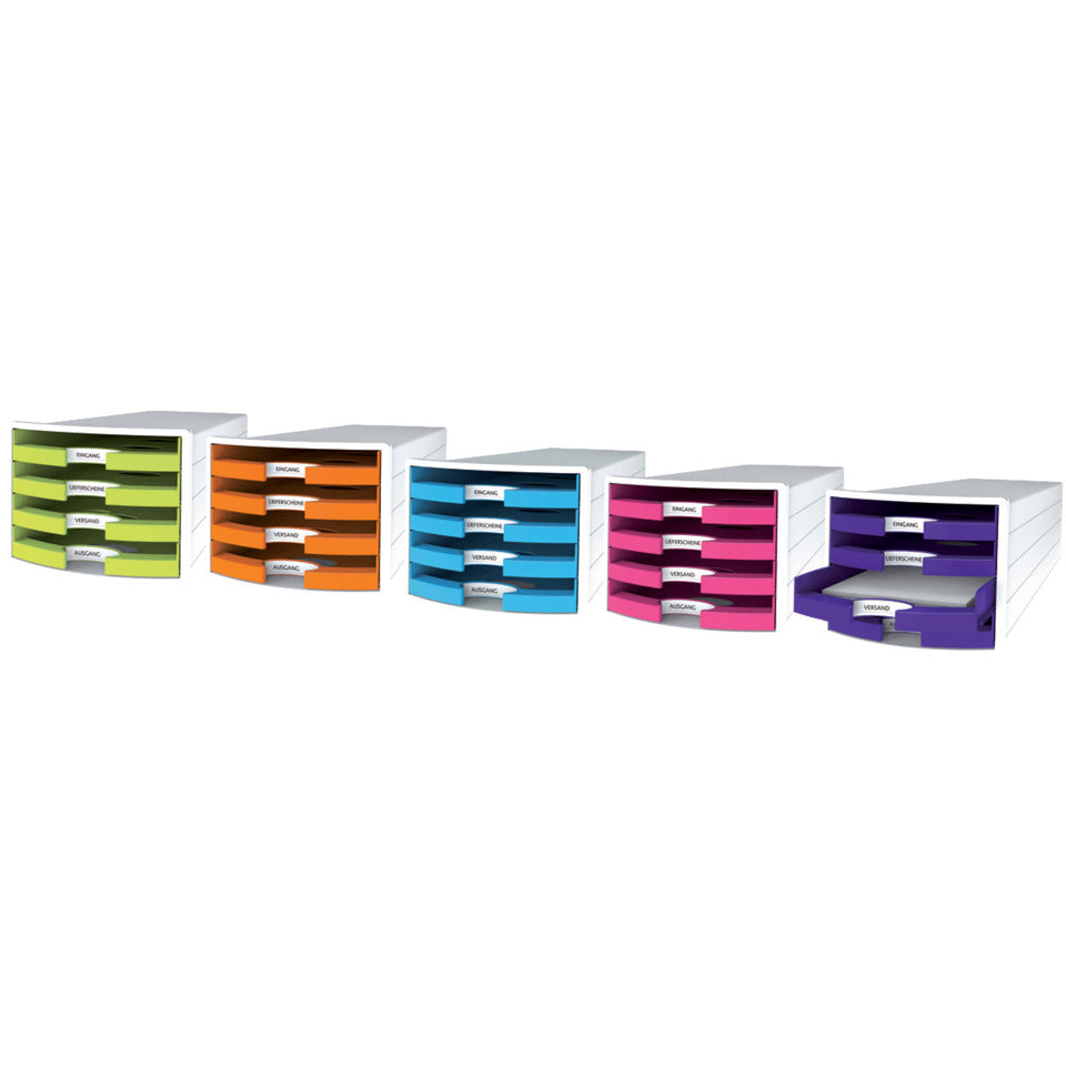 Schubladenbox IMPULS, DIN A4/C4, 4 offene Schubladen, weiß/Trend Colour hellblau HAN 1013-54D HAN 1013-54 offen