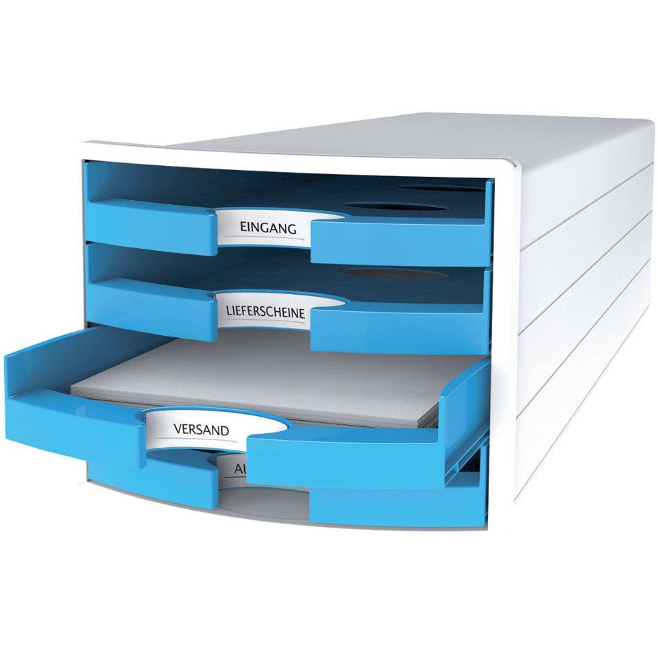 Schubladenbox IMPULS, DIN A4/C4, 4 offene Schubladen, weiß/Trend Colour hellblau HAN 1013-54D HAN 1013-54 offen