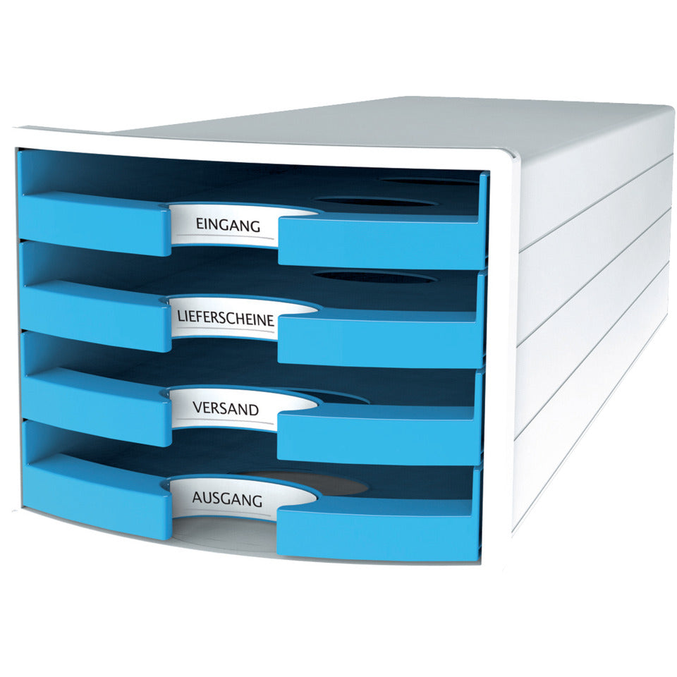 Schubladenbox IMPULS, DIN A4/C4, 4 offene Schubladen, weiß/Trend Colour hellblau HAN 1013-54D HAN 1013-54 offen