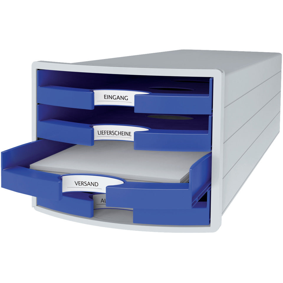 Schubladenbox IMPULS, DIN A4/C4, 4 offene Schubladen, lichtgrau/blau HAN 1013-14D HAN 1013-14 offen