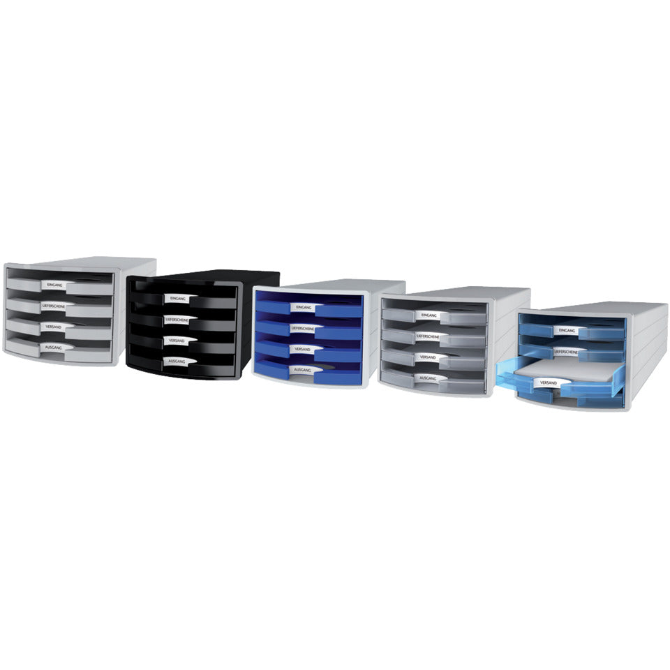 Schubladenbox IMPULS, DIN A4/C4, 4 offene Schubladen, lichtgrau/transluzent-klar HAN 1013-63D HAN 1013-63 offen