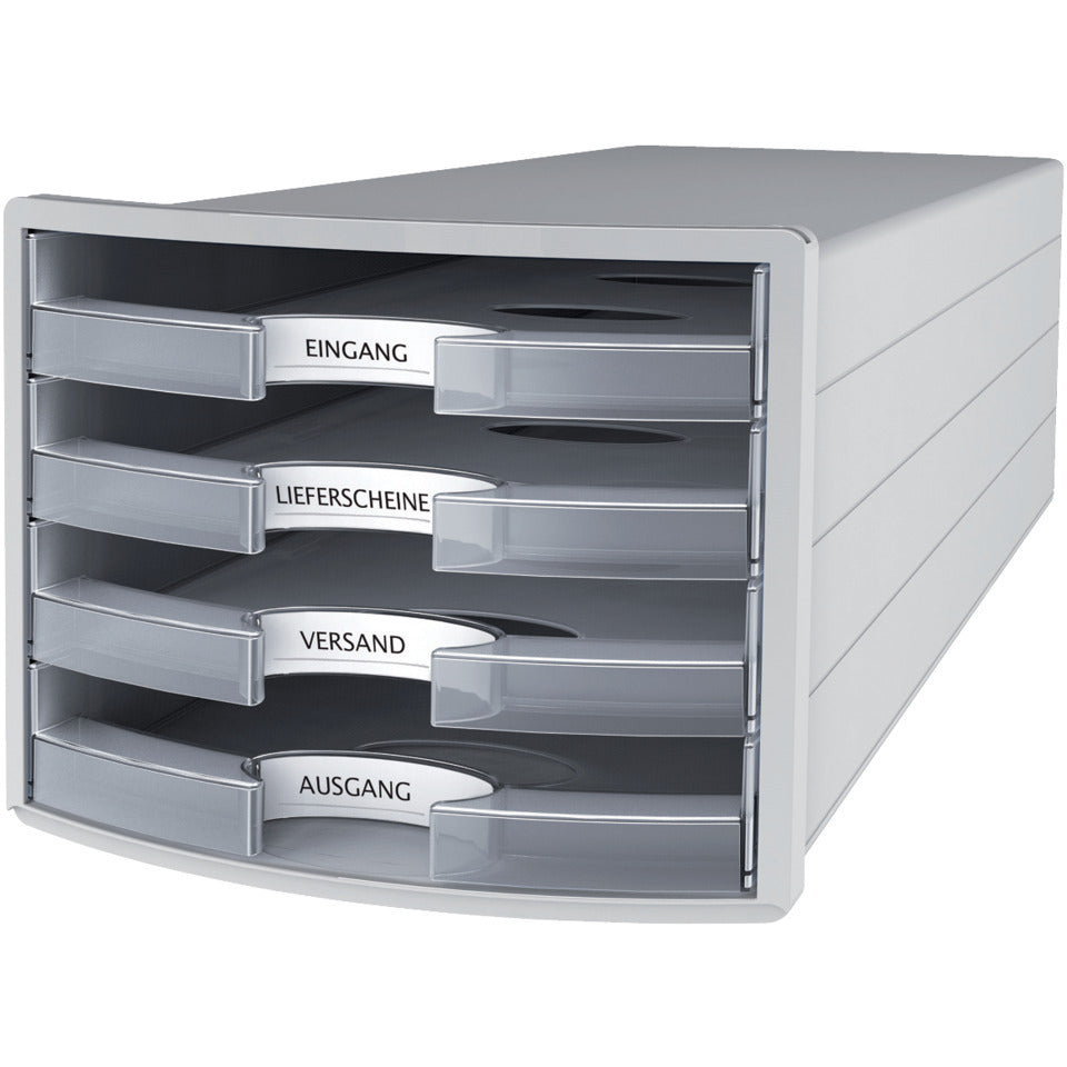 Schubladenbox IMPULS, DIN A4/C4, 4 offene Schubladen, lichtgrau/transluzent-klar HAN 1013-63D HAN 1013-63 offen