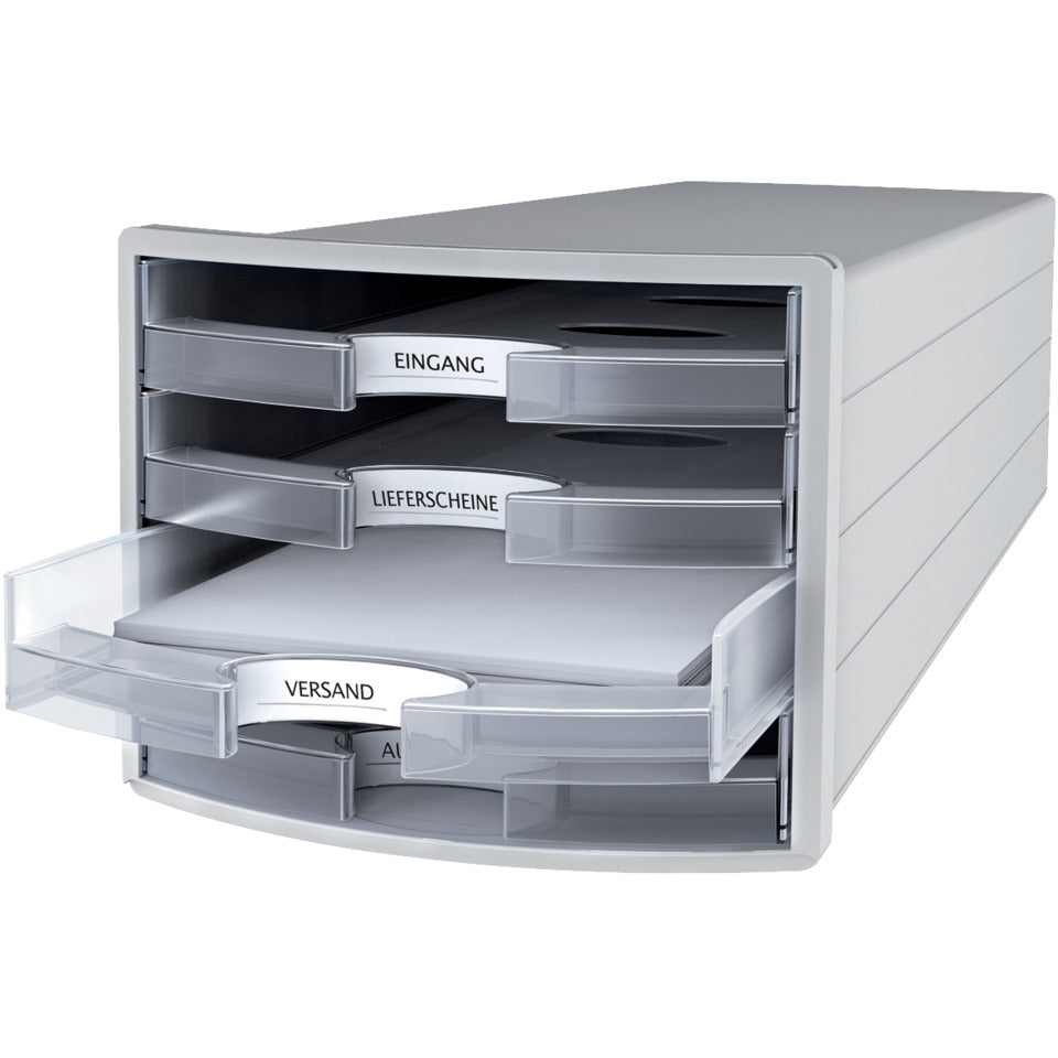 Schubladenbox IMPULS, DIN A4/C4, 4 offene Schubladen, lichtgrau/transluzent-klar HAN 1013-63D HAN 1013-63 offen