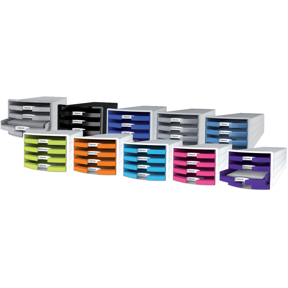 Schubladenbox IMPULS, DIN A4/C4, 4 offene Schubladen, lichtgrau/transluzent-blau HAN 1013-64D HAN 1013-64 offen