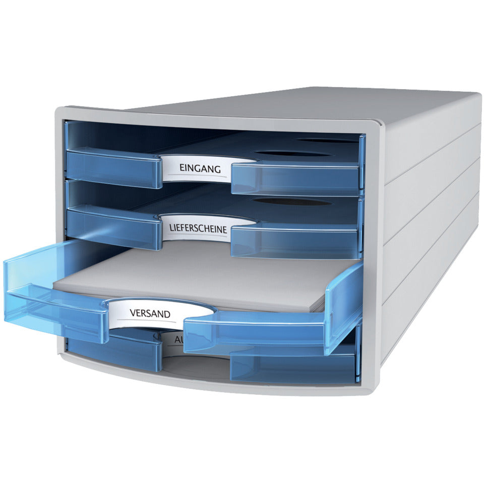 Schubladenbox IMPULS, DIN A4/C4, 4 offene Schubladen, lichtgrau/transluzent-blau HAN 1013-64D HAN 1013-64 offen