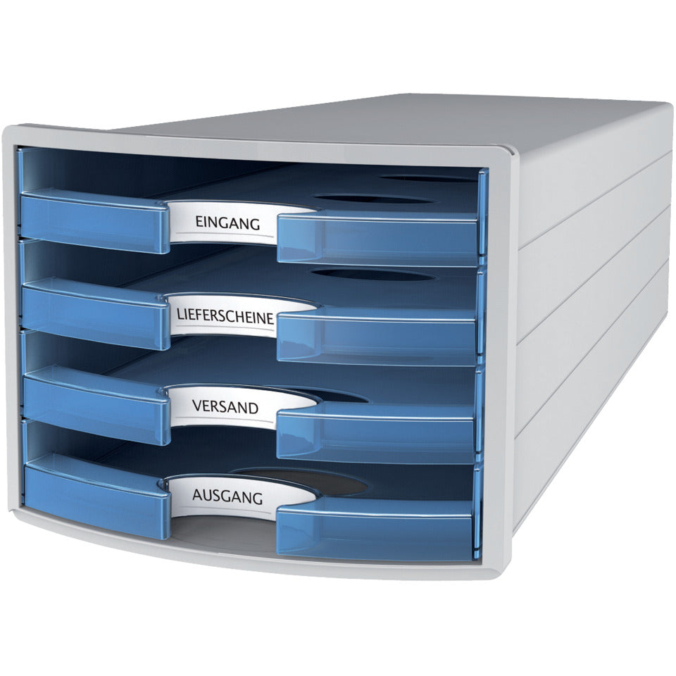 Schubladenbox IMPULS, DIN A4/C4, 4 offene Schubladen, lichtgrau/transluzent-blau HAN 1013-64D HAN 1013-64 offen
