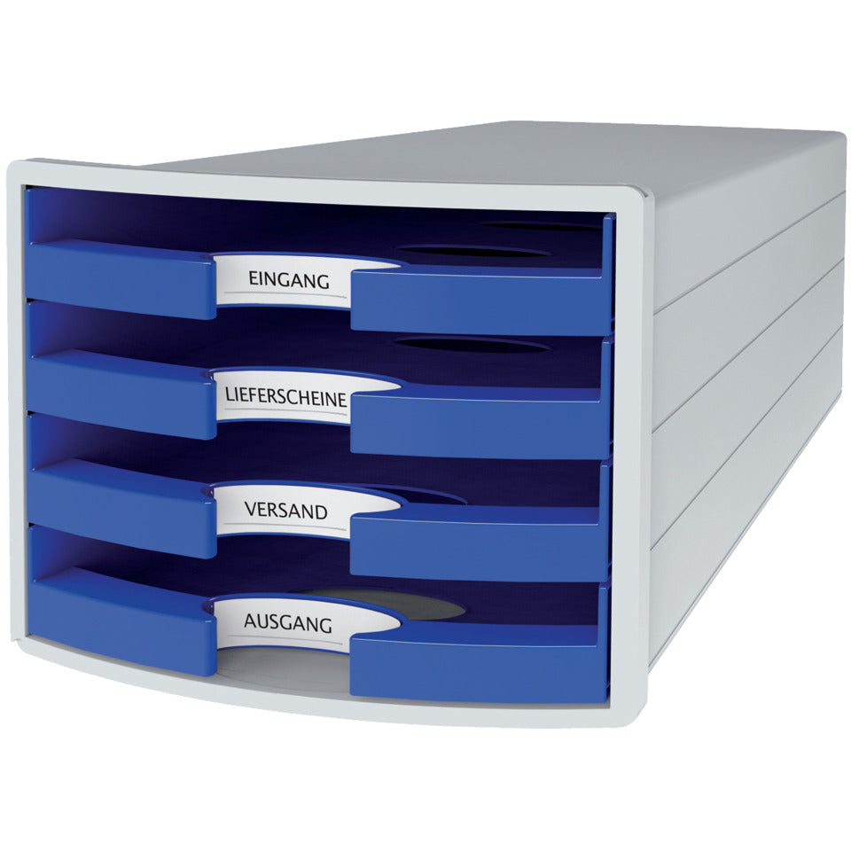 Schubladenbox IMPULS, DIN A4/C4, 4 offene Schubladen, lichtgrau/blau HAN 1013-14D HAN 1013-14 offen