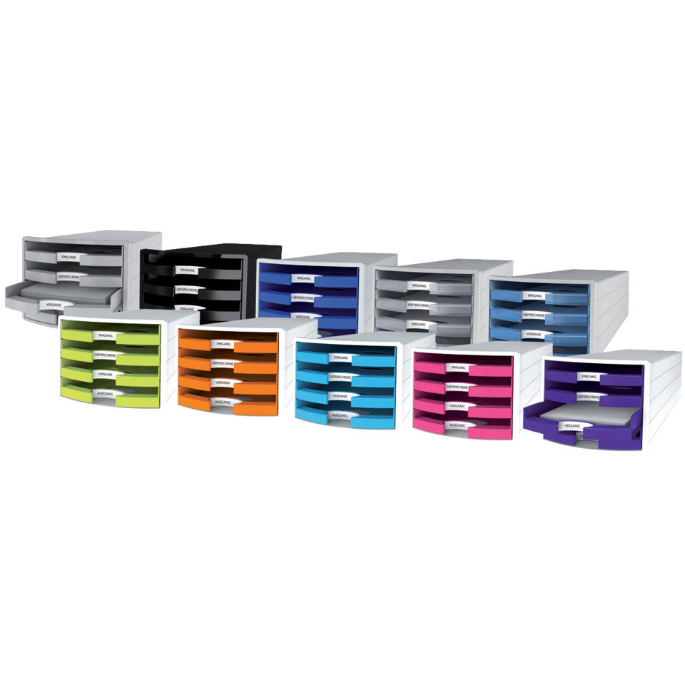 Schubladenbox IMPULS, DIN A4/C4, 4 offene Schubladen, lichtgrau/blau HAN 1013-14D HAN 1013-14 offen