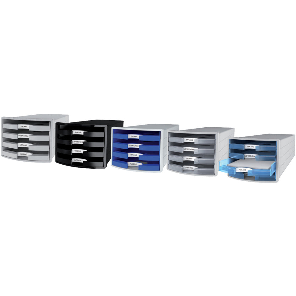 Schubladenbox IMPULS, DIN A4/C4, 4 offene Schubladen, lichtgrau/blau HAN 1013-14D HAN 1013-14 offen