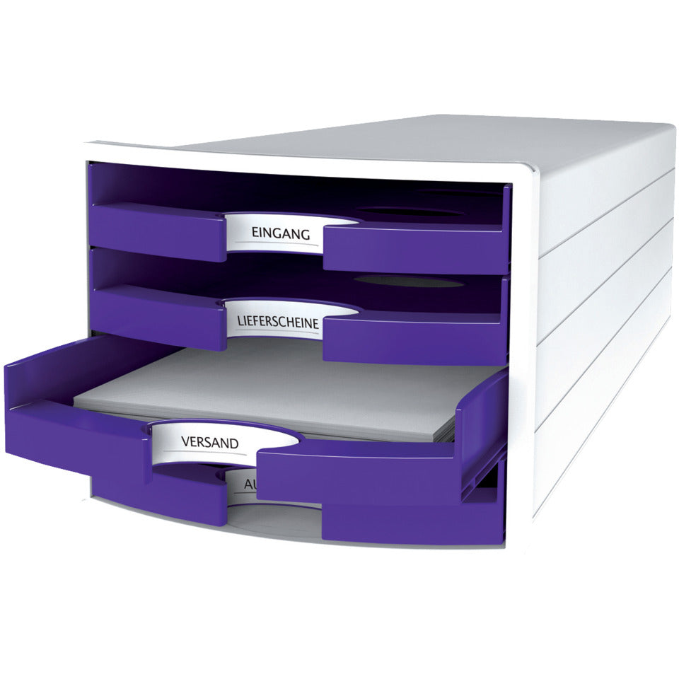 Schubladenbox IMPULS, DIN A4/C4, 4 offene Schubladen, weiß/Trend Colour lila HAN 1013-57D HAN 1013-57 offen