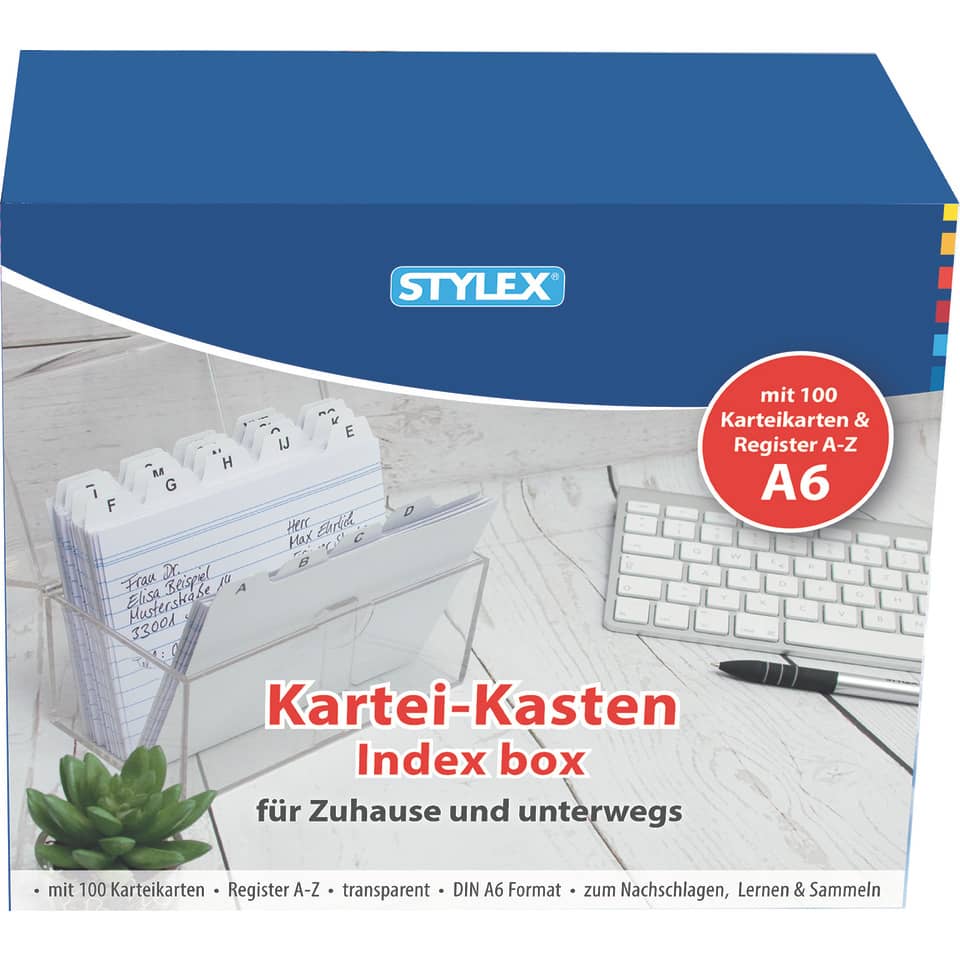 Karteikasten, DIN A6, inkl. 100 Karteikarten STYLEX 49972 49972 Reg+100Kar 16x13,5x8,5cm