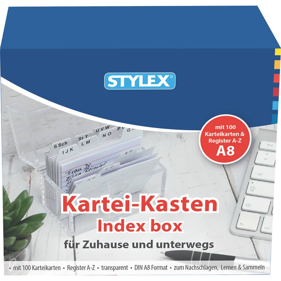 Karteikasten, DIN A8, inkl. 100 Karteikarten STYLEX 49973 49973 Reg+100Kart 8,5x7,5x5cm
