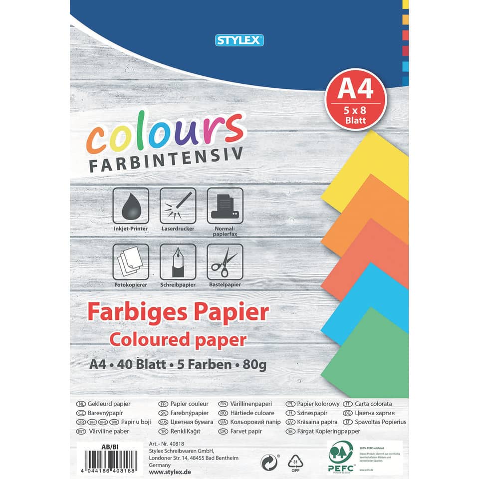 Kopierpapier, A4, 80g/m², 40 Blatt, sortiert STYLEX 40818