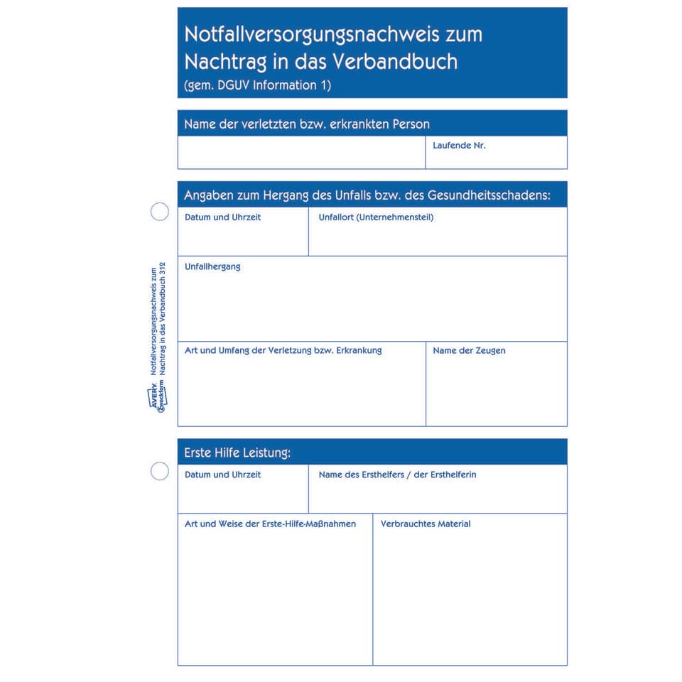 Erste Hilfe Meldeblock, A5, 50 Blatt AVERY ZWECKFORM 312