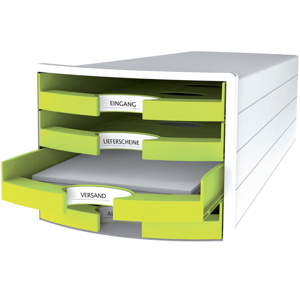 Schubladenbox IMPULS, DIN A4/C4, 4 offene Schubladen, weiß/Trend Colour lemon HAN 1013-50D HAN 1013-50 offen