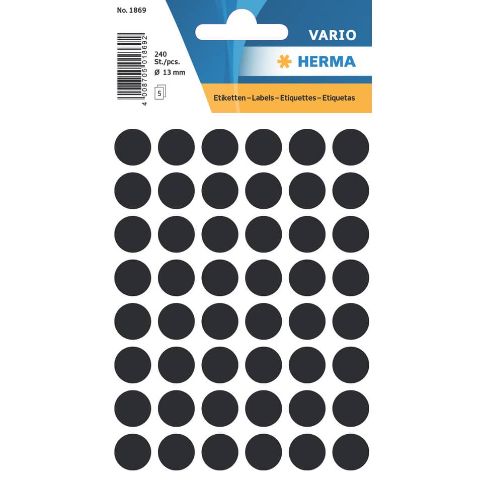 Etiketten permanent, Ø13mm, 240 Stück, schwarz HERMA 1869 HERMA 1869  240 Stück permanent haftend