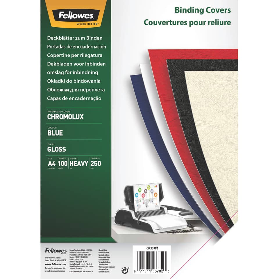 Einbanddeckel Chromolux, Karton, A4, 250g/m², 100 Stück, blau FELLOWES 5378203 FELLOWES FW5378203 100ST 250g
